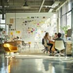 Team collaborating in a bright, modern open-plan office space.